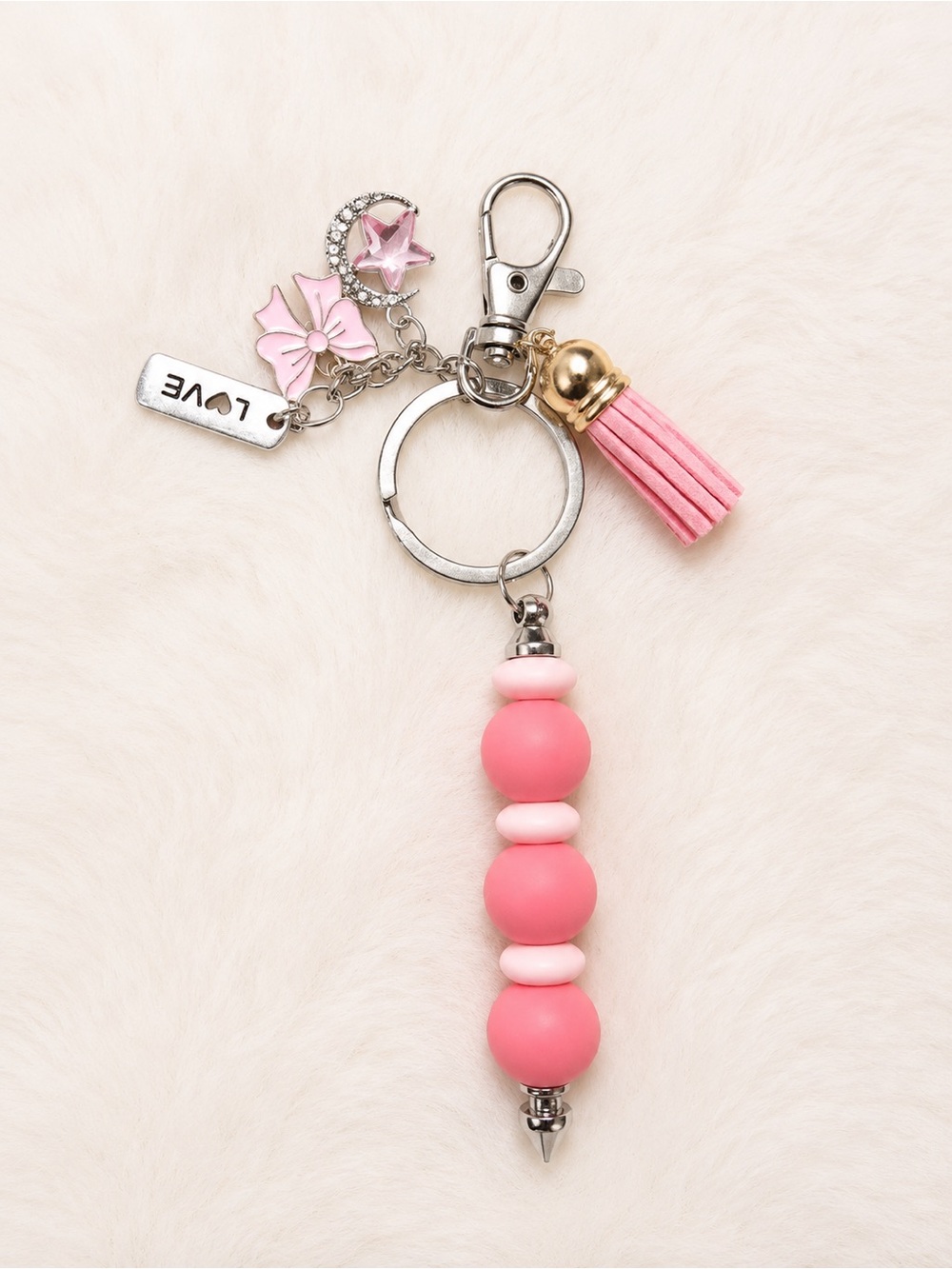Pink Beaded Tassel Keychain Charm